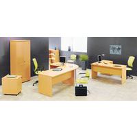 conjunto compuesto de dos mesas de oficina rectas con patas en panel y un ángulo de enlace de 90°mesa de oficina compacta con patas en panel con cajonera