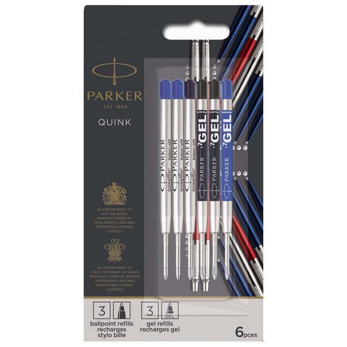 Lote de recambios Parker: 3 de gel + 3 de bola, negros y azules – Parker