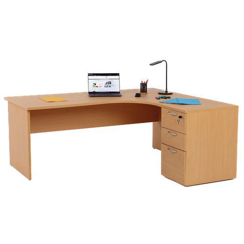 Mesa de oficina compacta con cajonera - Patas panel - Haya - Manutan Expert