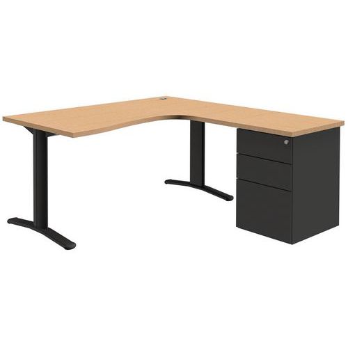 Escritorio compacto Pure con cajonera - Roble/gris oscuro - Patas fijas
