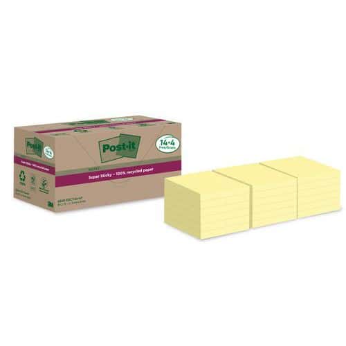 Notas Super Sticky recicladas de 76 x 76 mm, 14 + 4 bloques amarillos