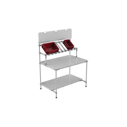 Puesto de trabajo móvil con 2 baldas y panel informativo - Trilogiq Puesto de trabajo móvil con 2 baldas y panel informativo - Trilogiq