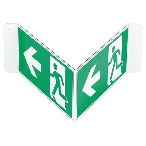 Señal en V de salida de emergencia con flecha a la izquierda de aluminio - Manutan Expert