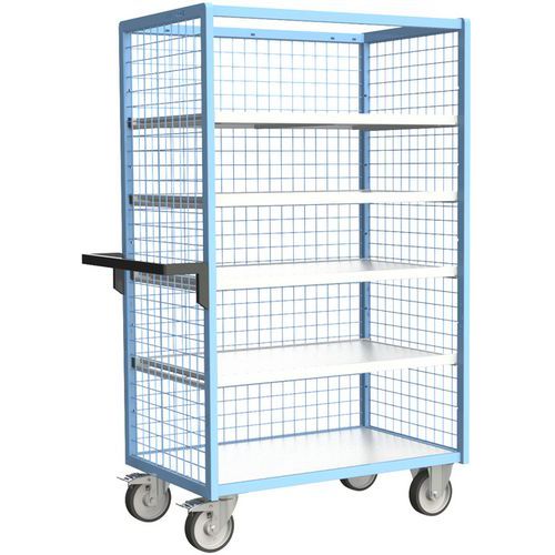 Carro con rejilla en 3 lados y 4 baldas, plataforma de madera 500 kg - FIMM