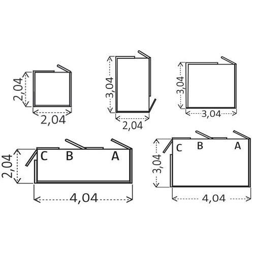 La colocación de las puertas A, B o C de debe precisar en el pedido. Las puertas solo se abren hacia el exterior. Dimensiones totales en m. La colocación de las puertas A, B o C de debe precisar en el pedido. Las puertas solo se abren hacia el exterior. Dimensiones totales en m.