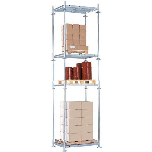 Configuración de un bastidor Manurack que comprende, de abajo hacia arriba:- 1 base Manurack (1 plataforma + 4 patas)- 4 soportes de una altura de 2100 mm (opcionales)- 1 base Manurack (1 plataform
