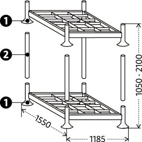 1 - base Manurack que se entrega estándar: 1 plataforma + 4 patas2 - 4 soportes de apilamiento para superposición de 2 bases (no se suministran soportes, opcionales)