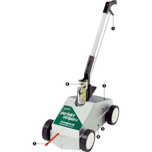 1 - Empuñadura ergonómica para una presión constante sobre el aerosol2 - Cubeta para colocar 5 aerosoles3 - Chasis reforzado4 - Cortavientos5 - Flecha de dirección regulable para seguir el pretraz 1 - Empuñadura ergonómica para una presión constante sobre el aerosol2 - Cubeta para colocar 5 aerosoles3 - Chasis reforzado4 - Cortavientos5 - Flecha de dirección regulable para seguir el pretraz