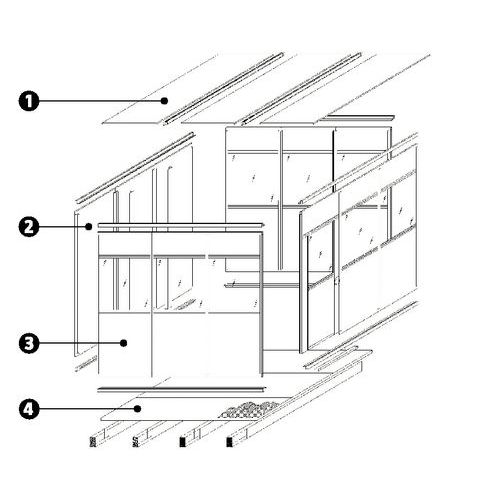 1 - techo2 - panel macizo3 - panel semiacristalado4 - base paletizable 1 - techo2 - panel macizo3 - panel semiacristalado4 - base paletizable