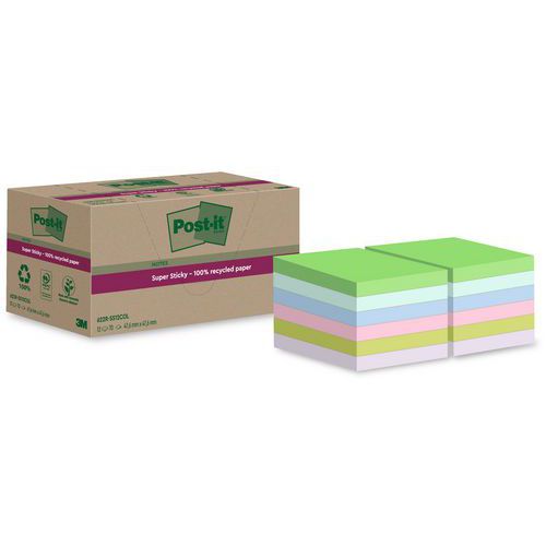 Notas Super Sticky recicladas de 47,6 x 47,6 mm, 12 bloques surtidos