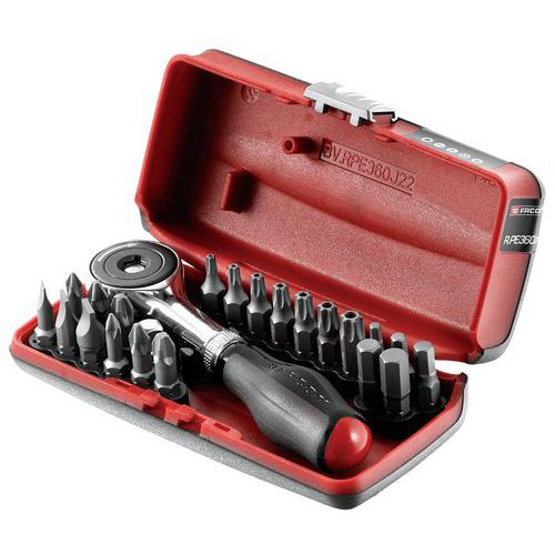 Estuche portapuntas para trinquete de 1/4 con mango giratorio + 22 puntas de destornillador - Facom Estuche portapuntas para trinquete de 1/4 con mango giratorio + 22 puntas de destornillador - Facom